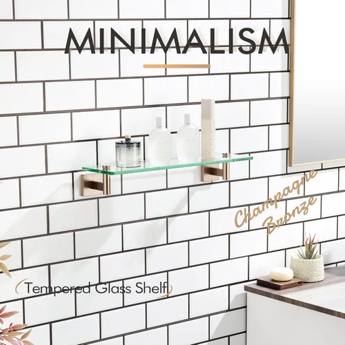 Miniatura 4 de KOKOSIRI Estantes de pared para baño, estante flotante de vidrio templado, estante colgante para almacenamiento/decoración de habitación, 20 Bronce