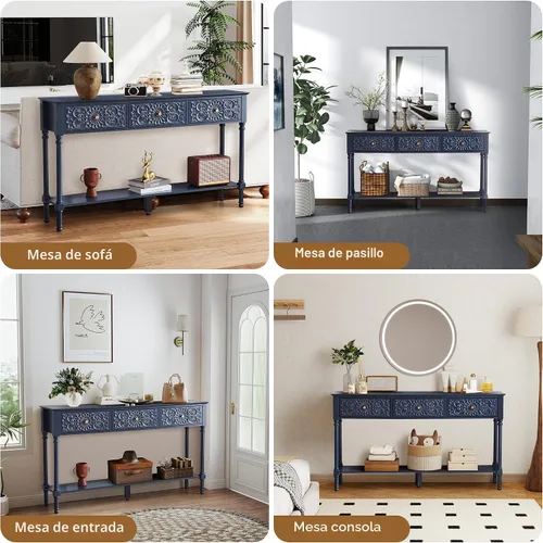 Miniatura 5 de weselon Mesa consola tallada de 55.5 pulgadas con 3 cajones, mesa de sofá de 2 niveles con superficie floral brillante y patas de madera maciza