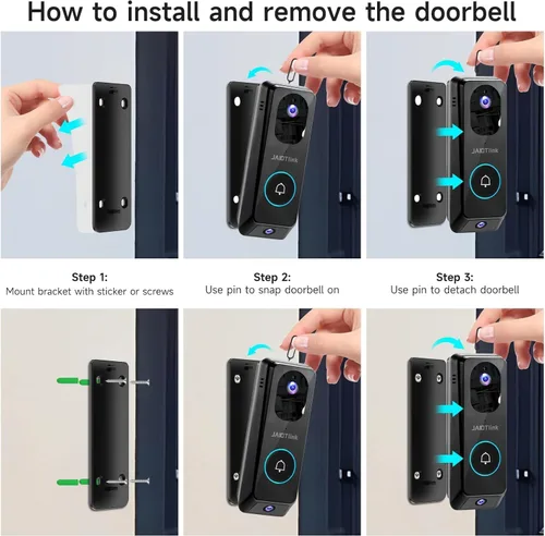 Miniatura 9 de JAIOTlink Timbre de video de doble lente 2K inalámbrico con timbre, tarjeta SD de 64 GB, cambiador de voz, WiFi de 2.4G/5Ghz, protección