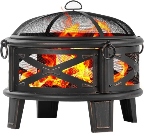 Breezz Fogata de leña de 26 pulgadas con parrilla de cocina y pantalla de chispas, hoguera redonda de metal para exteriores, patio, fiesta de