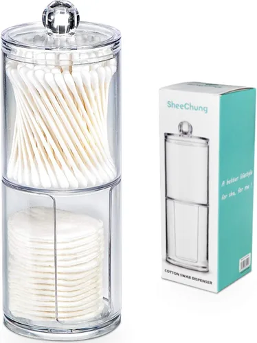 SheeChung juego de dispensador de cotonetes - frascos de boticario de baño de plástico acrílico transparente para bolas de algodón, hisopos,