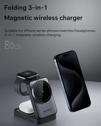 Miniatura 5 de Cargador inalámbrico 3 en 1 actualizado 2026 para iPhone, cargador magnético de viaje, estación de carga inalámbrica plegable compatible