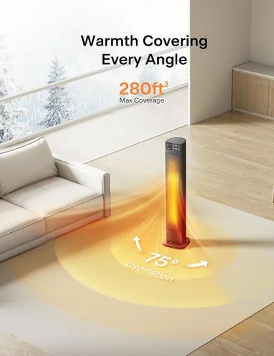 Miniatura 5 de PELONIS Calentador de espacio de torre de cerámica de 30 pulgadas con termostato ajustable para habitaciones grandes, oscilación de 75°, control