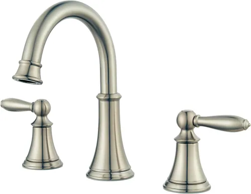 Pfister Courant LF049COKK - Grifo de lavabo de baño de 8 pulgadas, 3 agujeros, 2 manijas, níquel cepillado, con drenaje a presión y sellado,