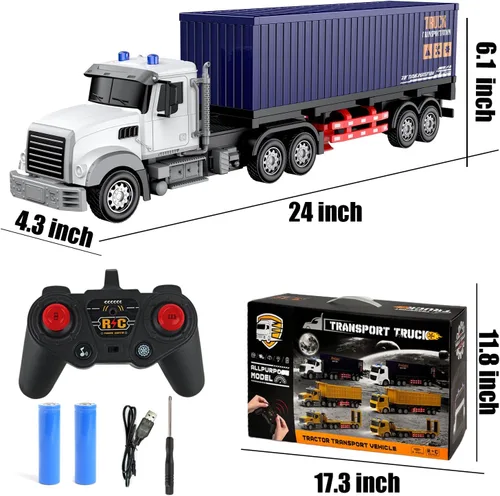 Miniatura 6 de Semirremolque de control remoto con remolque, de 24 pulgadas, camión de juguete para niños, contenedor 1:24 con luces LED y música, gran regalo