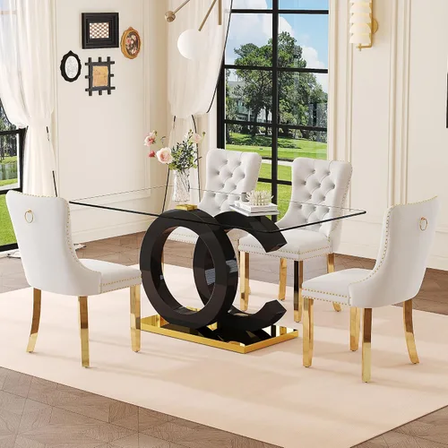 Miniatura 9 de Juego de mesa de comedor de cristal de 63 pulgadas para 6, juego de mesa de comedor moderno para 6, mesa de vidrio templado con patas negras