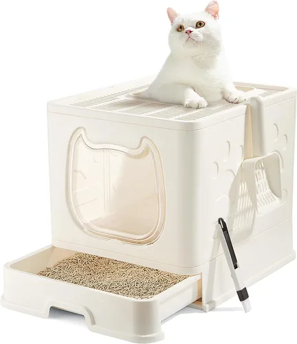 Caja de arena para gatos con tapa, bandeja de arena cubierta para gatos pequeños y medianos, orinal antisalpicaduras con bandeja de arena deslizante