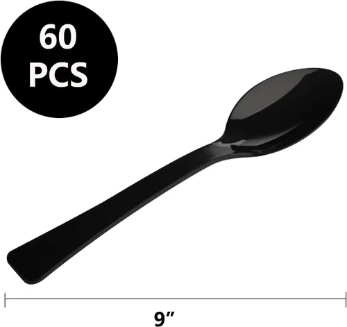 Miniatura 2 de Paquete de 60 cucharas de plástico negro para servir, juego a granel de 9 pulgadas, cubiertos desechables resistentes, utensilios resistentes al