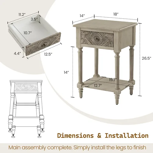 Miniatura 3 de SUNBURY Juego de 2 mesitas de noche vintage, mesa de noche pequeña de madera con cajón y estante abierto, mesa auxiliar de acento shabby para sala