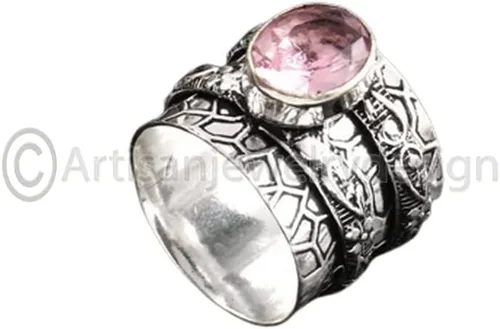 Miniatura 2 de Handmade Rose Quartz Spinner Ring, 925 Sterling Silver Fidget Band, Natural Gemstone Statement Ring, Antique Boho Jewelry, Promise Gift for Her