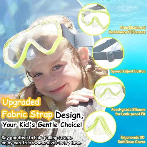 Miniatura 2 de Vvinca Kids-Goggles with Nose Cover, Diving Mask Elastic Fabric Strap Anti Fog Anti Shattered Lens for Kids Swim Goggles 3-14 12- amarillo