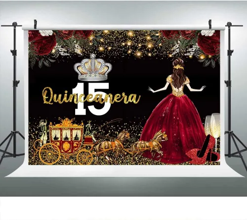 Miniatura 11 de Vestido rojo, fondo de flores de rosa, telón de fondo de cumpleaños de quinceañera para niña, princesa, feliz cumpleaños 15, carruaje de fotografía