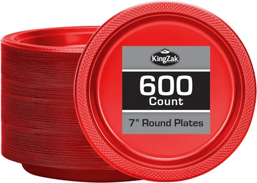 Miniatura 45 de Platos de plástico rojos de la colección Hanna K. Signature, redondos de 9 pulgadas, 50 unidades – Platos desechables resistentes para cenas