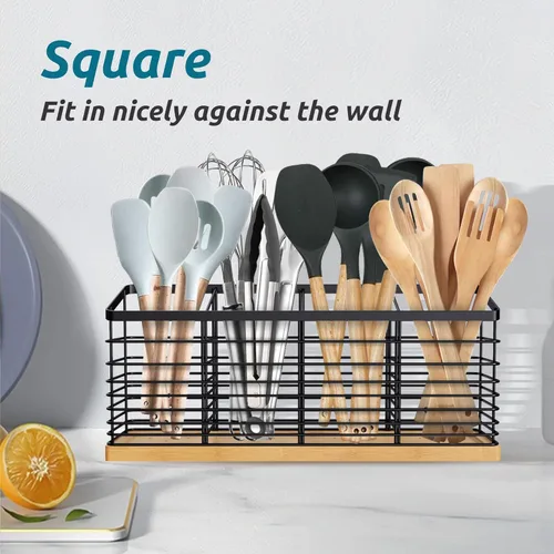 Miniatura 5 de Suli Soporte para utensilios de cocina extra grande con 4 compartimentos, soporte de metal negro mate con base de madera para encimera