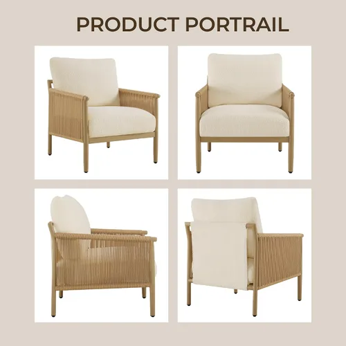 Miniatura 8 de CHITA Sillas decorativas trenzadas, sillón moderno con marco de metal con acabado similar a la madera para sala de estar y dormitorio, silla