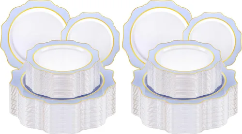 Miniatura 17 de WDF 100 piezas de platos de plástico azul - Platos desechables azul claro - Platos de plástico con borde festoneado resistente