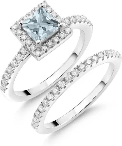 Miniatura 18 de 925 Sterling Silver Halo Bridal Ring Band Set for Women 5MM Princess Cut Gemstone Birthstone with Round White Moissanite Accents Wedding