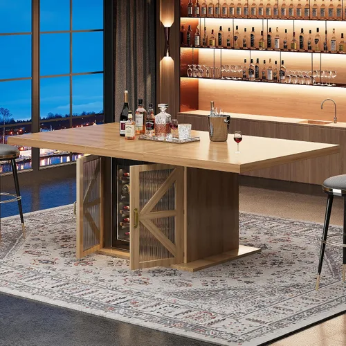 Miniatura 8 de LVB Mesa de comedor para 4-6, moderna mesa de comedor de madera, mesa de cocina rectangular de granja con espacio de almacenamiento y refrigerador