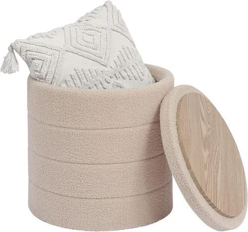 Miniatura 11 de Otomana redonda Boucle de almacenamiento, taburete otomano de tela de peluche Sherpa con tapa de bandeja reversible, reposapiés plegable