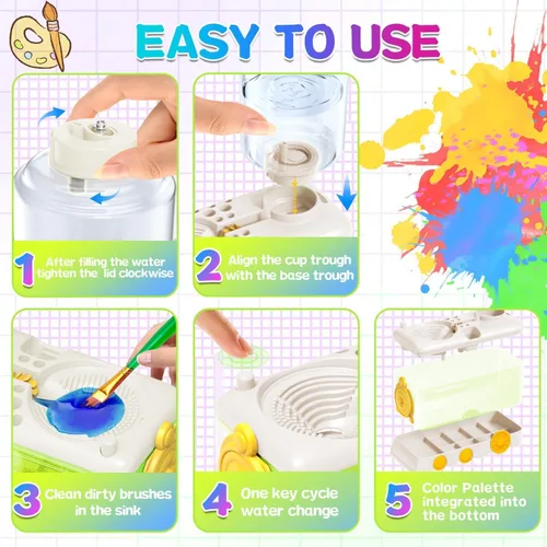Miniatura 4 de Kit de limpieza de pinceles para niños con 5 pinceles, bata de arte, tapete lavable, guía, tarro limpiador de pinceles en espiral para acuarela