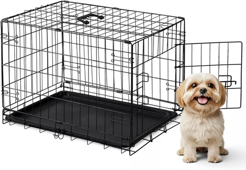 Miniatura 10 de DUMOS Jaula para perros, jaula mediana de doble puerta de 36 pulgadas con bandeja de plástico a prueba de fugas, asa, perrera plegable de alambre
