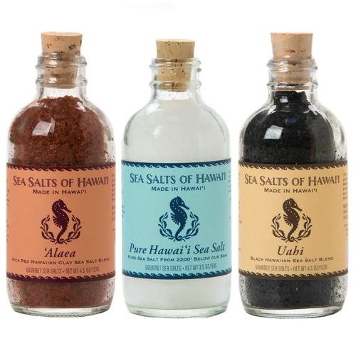 Sea Salts of Hawaii Variedad de 3 unidades, sal de arcilla roja Alaea, sal hawaiana pura de Kona, sal marina hawaiana con sabor negro Uahi