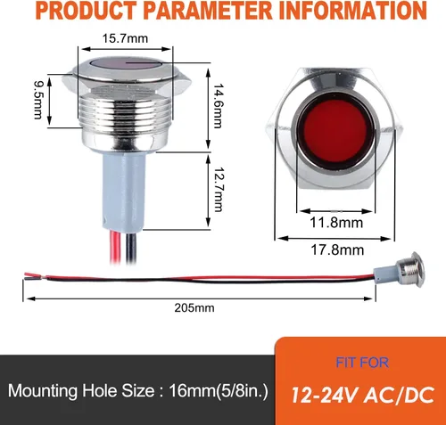Miniatura 2 de 2 piezas de luz indicadora de metal de 16 mm con orificio de montaje de 5/8", 12-24V AC/DC 20mA, lámpara piloto LED de cabeza plana impermeable IP67