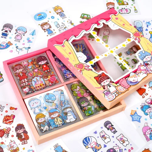 Miniatura 9 de Juego de calcomanías kawaii (100 hojas) - Lindas calcomanías transparentes de animales de dibujos animados y flores para álbum de recortes, Doudou