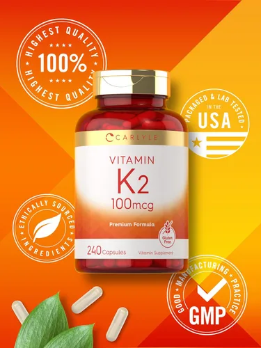 Miniatura 6 de Suplemento de vitamina K2 Carlyle 100 mcg K2 MK-4 240 cápsulas Sin OGM y sin gluten