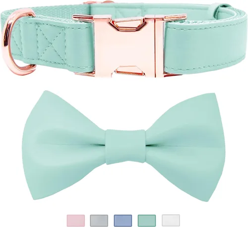 Miniatura 13 de Collar de cuero suave para perro, ajustable, lindo collar de pajarita [fácil de limpiar] con elegante hebilla de metal resistente de oro rosa