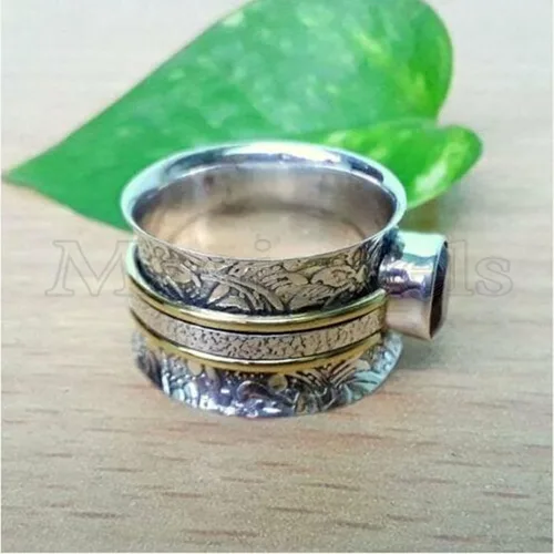 Miniatura 2 de Gemstone Spinner Ring for Women, 925 Sterling Silver Boho Meditation Band with Amethyst, Moonstone, Opal, Garnet, Gift for Her