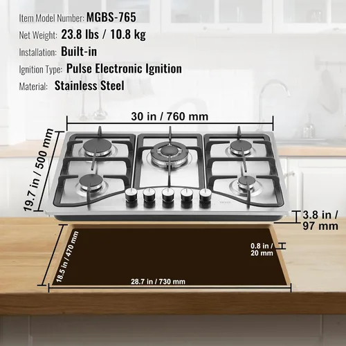 Miniatura 7 de VEVOR Placa de cocina de 30 pulgadas con 5 quemadores, 12250 BTU máx., estufa integrada de acero inoxidable, combustible dual GLP/GN, estufa de gas