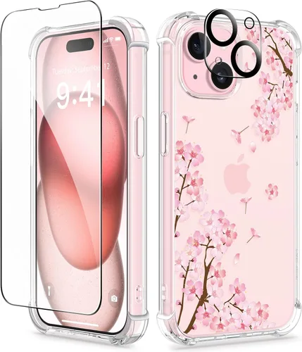 GVIEWIN Funda para iPhone 15 Plus, [3 en 1] con protector de pantalla y protector de lente de cámara, transparente, suave, a prueba de golpes, de