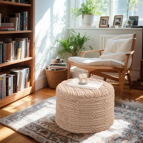 Miniatura 4 de Asuprui Puf otomano reposapiés – Taburete redondo de espuma todo en uno de felpa para un descanso acogedor, puf de piso y decoración elegante (café)