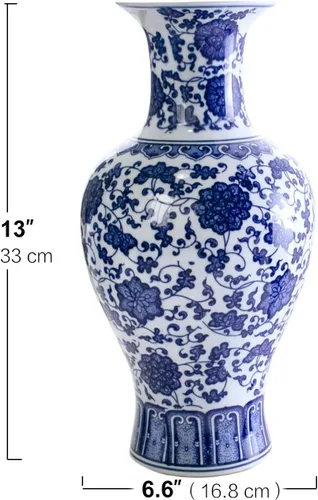 Miniatura 2 de Dahlia Florero azul y blanco, florero de porcelana china hecho a mano, diseño de loto, forma de cola de pez de 13 pulgadas Motivo de loto antiguo