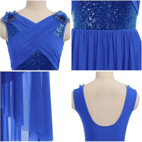 Miniatura 5 de AFAVOM Disfraz de baile lírico para mujer, vestido de lentejuelas con flores, falda asimétrica de tul fluida, disfraces de danza contemporánea