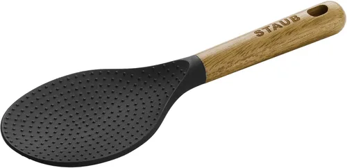STAUB Juego de cucharón de sopa y cuchara de arroz, sirve sopa caliente, mantiene el arroz esponjoso, silicona sin BPA, asas de madera de acacia