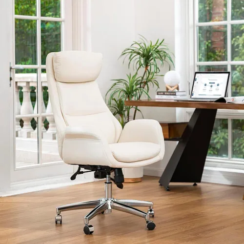 Miniatura 9 de Glitzhome Silla ejecutiva moderna de oficina para el hogar con respaldo alto - Silla de escritorio giratoria ajustable de cuero con apoyabrazos Crema