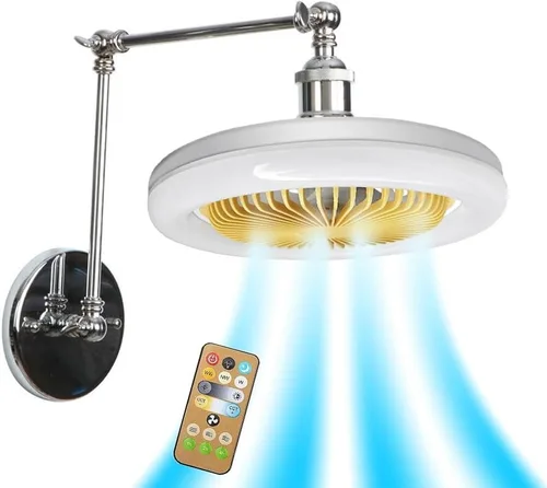 Miniatura 8 de Industrial Wall Lamp with Socket Fan Bulb, Bladeless 3-Speed Adjustable Fan Sconce, Swing Arm Dimming Led Lighting for Garage, Closet, Kitchen, Gold