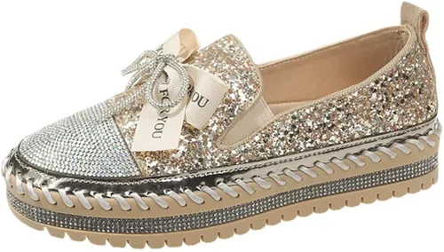 Zapatos deportivos de moda con purpurina para mujer, zapatos para caminar con plataforma con diamantes de imitación, lindos mocasines brillantes con