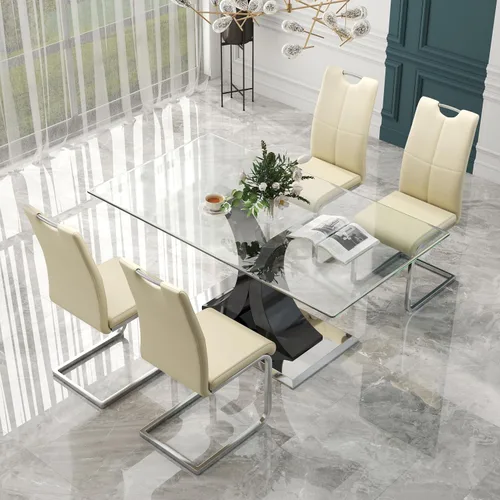 Miniatura 2 de Juego de comedor moderno de vidrio de lujo de 5 piezas, juego de cena rectangular minimalista grande para 4, juego de mesa de cocina de vidrio