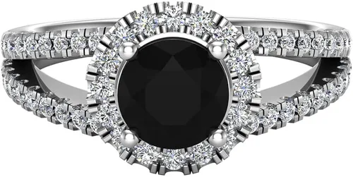 Miniatura 4 de Anillo de compromiso con halo de diamantes negros de 1,40 quilates, peso total de 14 quilates, acabado en oro blanco