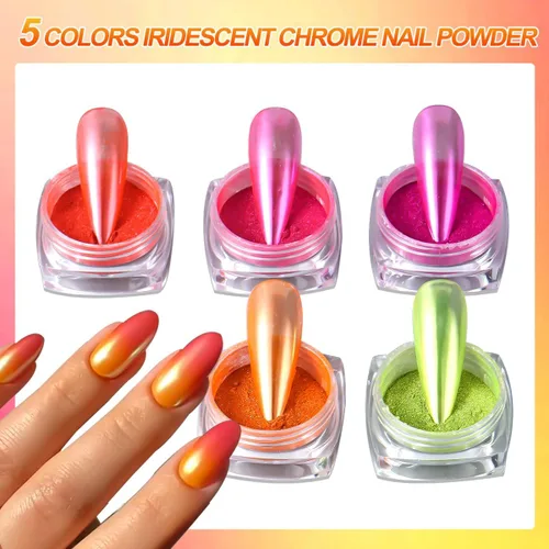 Miniatura 3 de Polvo de pigmento de uñas de neón, 5 colores de efecto espejo metálico, polvo cromado para uñas, diseño de uñas iridiscentes degradadas, kit