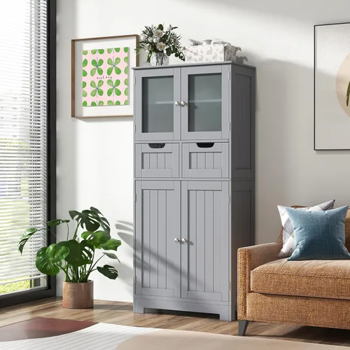 Miniatura 2 de COSTWAY Armario de almacenamiento de baño, organizador de baño independiente con puertas de vidrio, 2 cajones y 2 estantes ajustables, armario alto