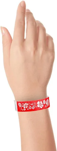 Miniatura 4 de 500 pulseras Tyvek de flores hawaianas rojas de Wristco para eventos, cómodas pulseras de papel resistentes a desgarros, pulseras de identificación