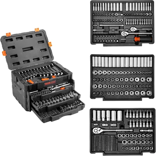 Miniatura 8 de VEVOR - Juego de herramientas para mecánicos y juego de vasos estándar y profundos, 450 piezas en unidades SAE y métricas con puntas, llave