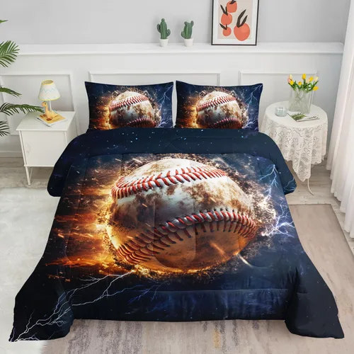 Datura home - Juego de edredón para niños con estampado de béisbol en llamas, juego de ropa de cama con patrón impreso de béisbol con 1 edredón y 2