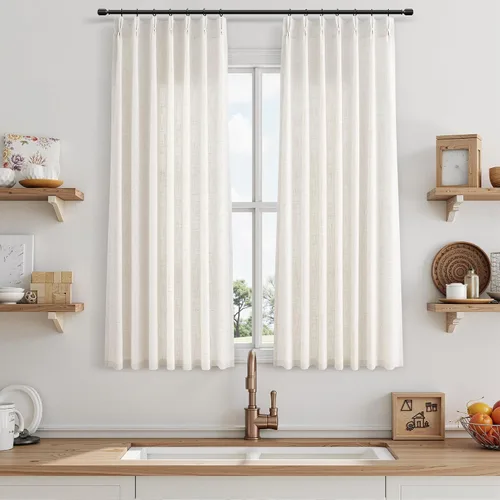 Miniatura 107 de Juego de 2 paneles de cortinas de ventana de cocina beige de 24 pulgadas de largo, con textura de lino, plisadas, filtrantes de luz, semi pequeñas