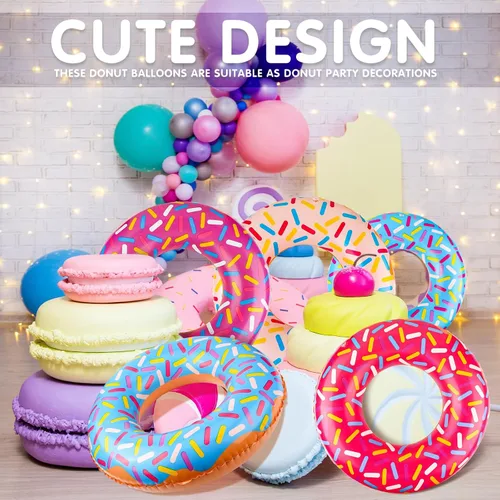 Miniatura 4 de Meooeck 12 piezas de donas inflables surtidas inflables para piscina, flotadores de tubo circular, decoración de fiesta de cumpleaños, globos