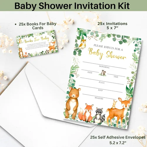 Miniatura 3 de 153 invitaciones para baby shower del bosque para niños y niñas con sobres, tarjetas de agradecimiento para bebés, tarjetas de solicitud de libros